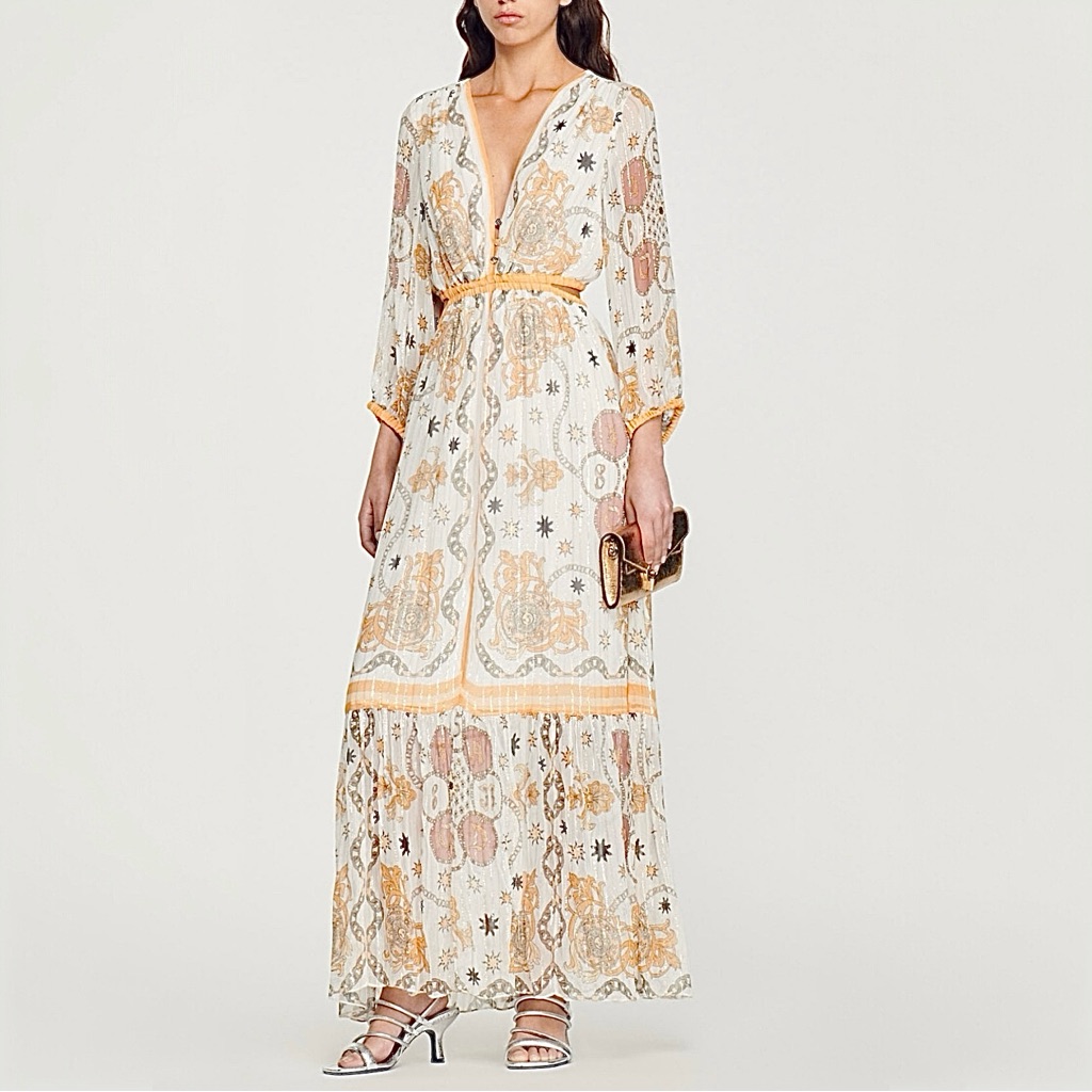Sandro Valldemossa Chiffon Maxi Dress Metallic Scarf Print, Size 36 / 4 Us